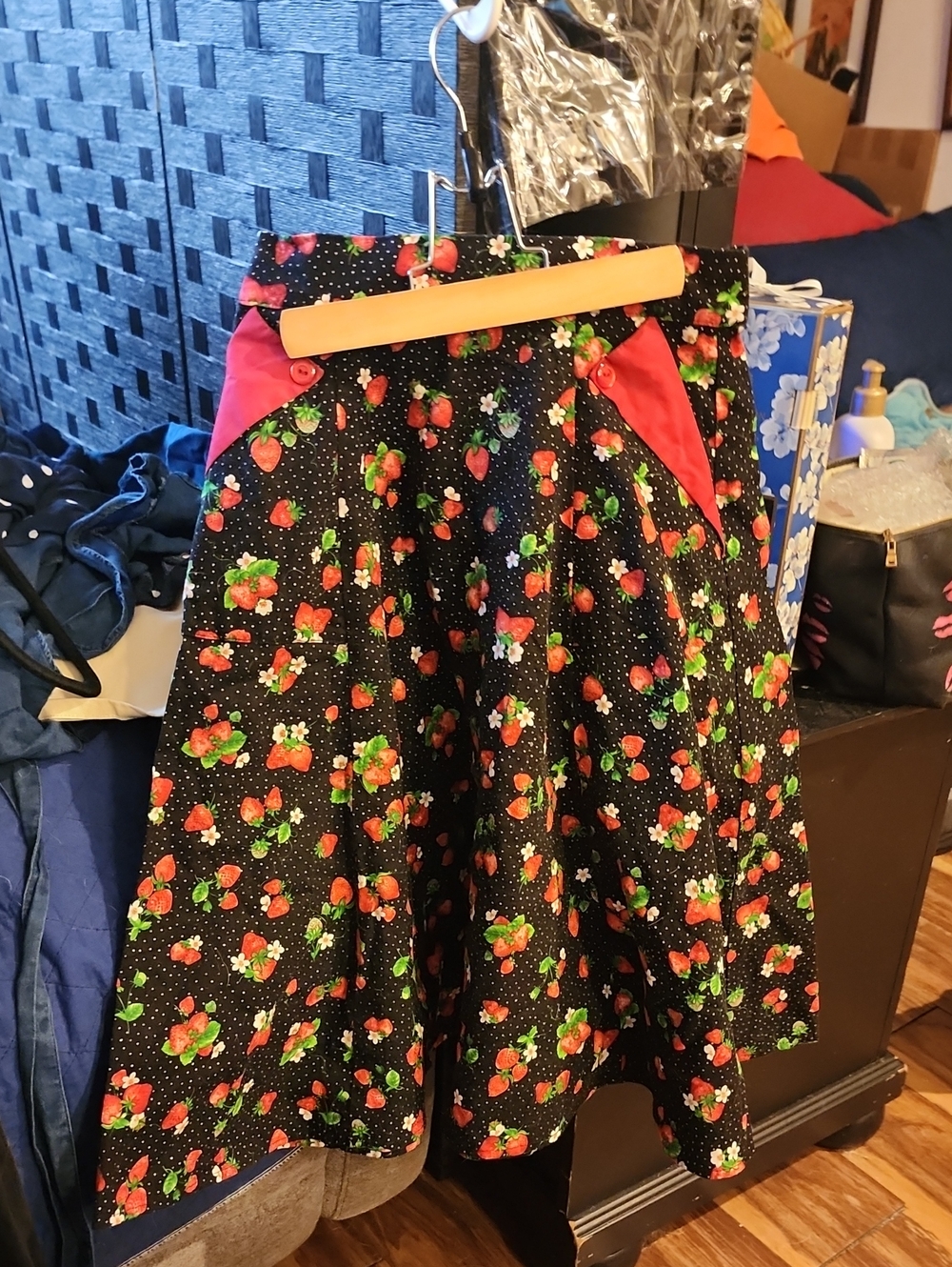 Heart Of HAUTE Black Strawberry Print A-Line Skirt with Red Accents